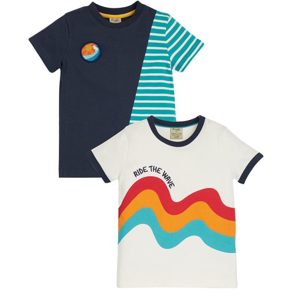 Frugi Kids Busby T-shirts – 2 Pack – Camper Blue Breton/Wave (Last one! 5-6y)