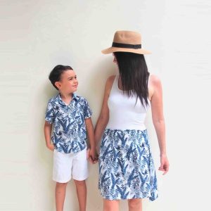 Mommy and me Outfit – Blue Leaves, Matching mother son Outfit,mother son matching,Boho skirt,Summer skirt, matching shirt, Tropical shirt