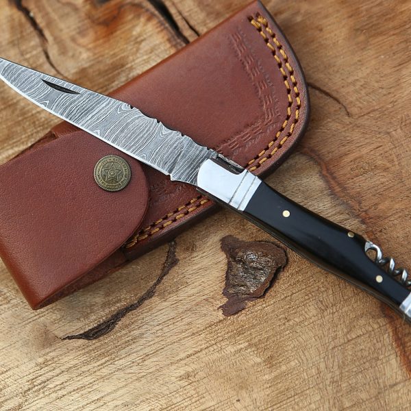 Damascus Pocket Knife Handmade Folding Knife Corkscrew Gift For Boyfriend Gift for Him Anniversary Gift EDC Knife Groomsmen Gift For Her