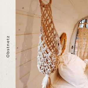 Macrame fruit net camping – fruit basket – boho wall hanging – camp – utensil for camper van life or motorhome – gift knot love