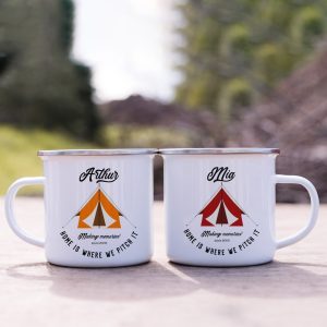 Tent Enamel Camp Mug / Personalised Camper Gift / His And Hers / Couple Travel Present / Accessories Camping / Home is where we pitch it