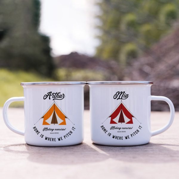 Tent Enamel Camp Mug / Personalised Camper Gift / His And Hers / Couple Travel Present / Accessories Camping / Home is where we pitch it