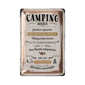 Retro metal sign camping rules sign – camper gifts for motorhome drivers as funny caravan decoration – vintage metal sign 20 x 30 cm