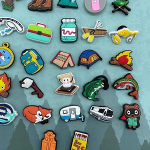 camping shoe charm -fishing shoe charms – bait – fish-tackle shoe pins-camp charms- rv, glamping, recs – park- hiking