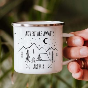 Campervan Enamel Camping Mug / Personalised Nature Camp Mug with Tent and Mountains His And Hers Couple Travel Present Accessories Camping