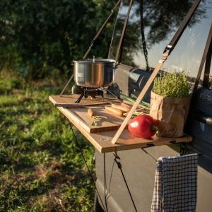 VW Bus vanaussentisch I Camping Vanlife Van hanging outdoor table, Outdoor Kitchen, table hanging table hanging shelf, Fits any sliding door