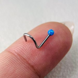 20ga Blue Opal Ball Corkscew Nose Stud, Implant Grade Titanium Nose Corkscrew Stud Piercing Jewelry