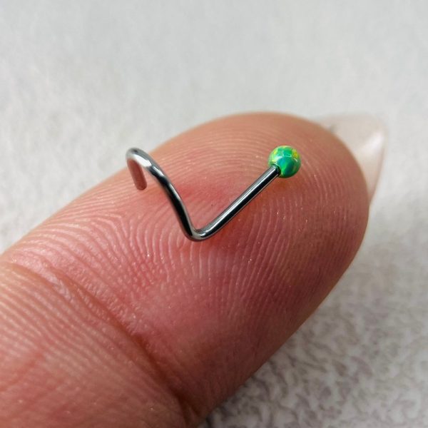 20ga Green Opal Ball Corkscew Nose Stud, Implant Grade Titanium Nose Corkscrew Stud Piercing Jewelry