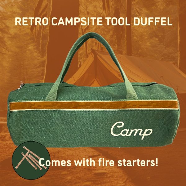 Retro Camping Tool Duffel Bag for Campfire and Campsite Storage, Vintage Gift for Campers, Khaki Canvas Outdoors Bag, RV Tent Sack