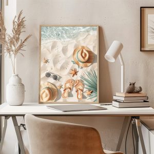 Ocean Beach Illustration Poster for Summer House Coastal Decor, Sea Sand and Beach with Hat Sunglasses Slippers Wall Print, Digital Download