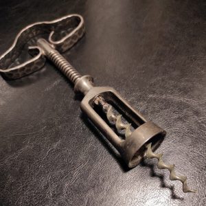 Antique iron forged German corkscrew of interesting mid-century design – Old steel corkscrew for bar, for collection, display or gift