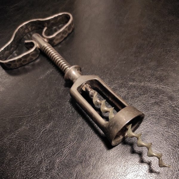 Antique iron forged German corkscrew of interesting mid-century design – Old steel corkscrew for bar, for collection, display or gift
