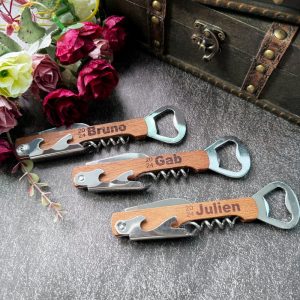 Personalized wood bottle opener, Wine corkscrew, Groomsman bottle openers, Laser Engraved, Stylish Gifts for Him, Gift for beer enthusiasts