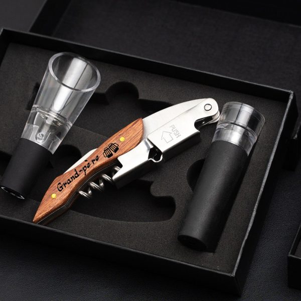 Engraved Corkscrew Opener Set,(Corkscrew,Stopper,Decanting Pourer),Wine Tool Box,Personalized Wood Corkscrew,Wine Lovers Gift,Brithday Gifts