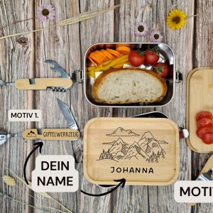 Hiking Gift Lunchbox & Camping Cutlery Mountain Motif Personalized | Camping | Personalized Gift | Kitchen Bread box | Mountains