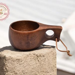 Carved Wooden Camping Mug | Rope Carrying Handle Cup | Tableware Bowl Bushcraft