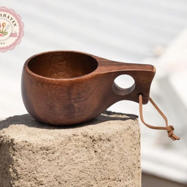Carved Wooden Camping Mug | Rope Carrying Handle Cup | Tableware Bowl Bushcraft