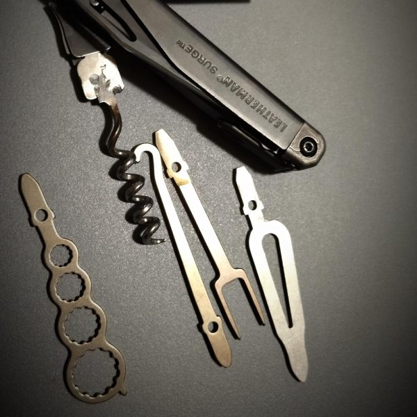 Tool kit for Leatherman Surge. Corkscrew. Hook. Fork. Shekelmaker. Metric wrenches. Melontools