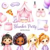 Watercolor Pajama Party, Slumber Party Clipart, Pajama Clipart, Slippers, Sleeping mask, Moon, Stars, Pillows, Girls in Slippers, PNG.