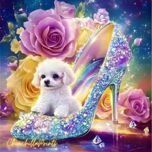 Cinderella’s Shoe Set of 3, White Poodle in Cinderella’s Shoe, Digital File Gift for a Girl