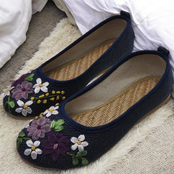 Vintage Women’s Floral Ballerina Flats | Comfortable Cotton Linen Slip-On Shoes | Unique Gift for Her in Old Peking Style