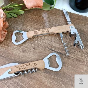 Personalized Wooden Wine Corkscrew & Bottle Opener – Custom Engraved Wedding Favors – Party Souvenirs for Guests (30pcs)