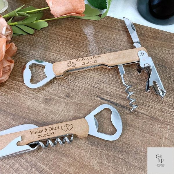 Personalized Wooden Wine Corkscrew & Bottle Opener – Custom Engraved Wedding Favors – Party Souvenirs for Guests (30pcs)