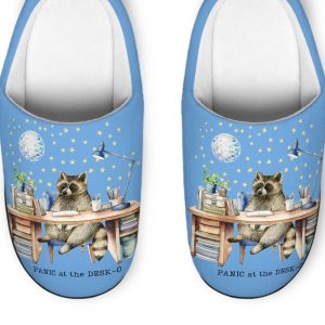 Panic at the Desk-o Raccoon Blue Slippers with Black Soles Men and Women’s Sizes Cozy Indoor House Shoes with Funny Raccoon Office Humor