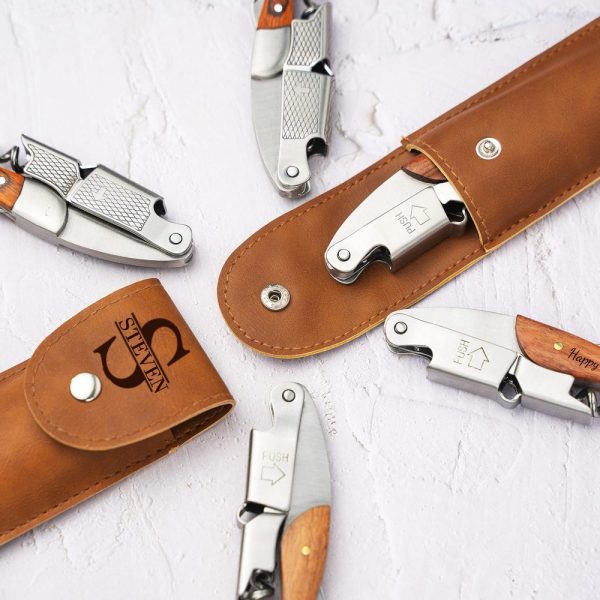 Engraved Wine Opener with Leather Sheath, Wooden Corkscrew, Custom Bottle Opener, Groomsman Gift, Father’s Day, Wedding, Unique Gift Idea