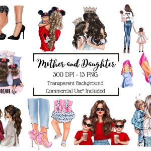 Mother and Daughter Clipart – Mom Life PNG, Matching Outfits, Fashion Mom Stickers, Cute Family Digital Art –  Mothers Day Clipart.