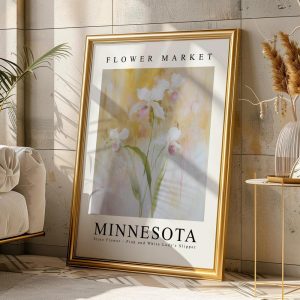 MINNESOTA State Flower Pink and White Lady’s Slipper, Minnesota Flower Market Print, Instant Print, Downloadable, Home Decor, Wall Art