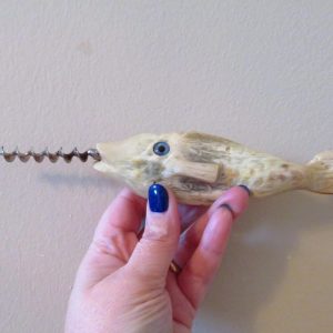 Vintage scrimshaw bone-carved fish shaped handle corkscrew wine bottle opener 1960