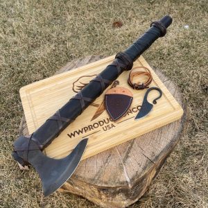 Viking King Ragnar Axe, Beautiful Black Axe ,Camping Axe, Hand forged Axe, Ragnar axe With Leather Cover,valentine’s day Gift,Birthday gift.