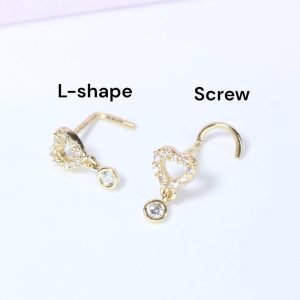 14K Gold Heart Nose Stud, 20g Dainty Dangling Gem L Shape Corkscrew Nose Stud, Gold Nose Jewelry, L Bend Screw Nose Piercing Stud Ring