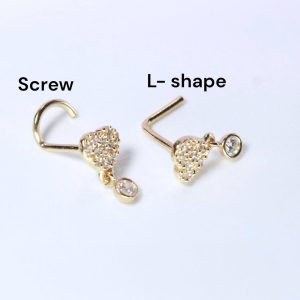14K Gold Heart Nose Stud, 20g Dainty Dangling Heart L Shape Corkscrew Nose Stud, Gold Nose Jewelry, L Bend Screw Nose Piercing Ring Jewelry