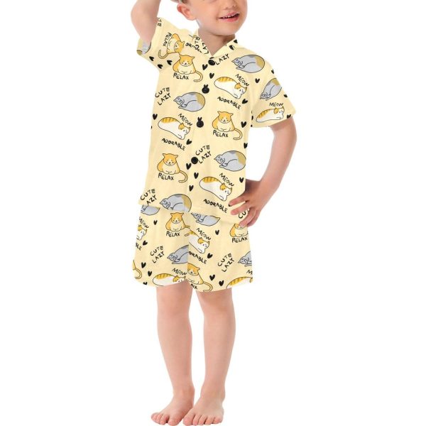 Cute Relaxing Cats V-Neck Short Pajama Set for Little Boys