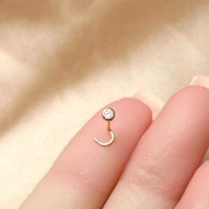 14K Gold Diamond Top Nose Stud, Solid Gold Bezel Set Corkscrew Nose Piercing Stud