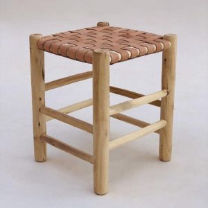 Moroccan Leather Stool, Boho Accent Chair, Moroccan Bar Stool, Handmade Tan Leather Seating, Wooden Seating Stool
